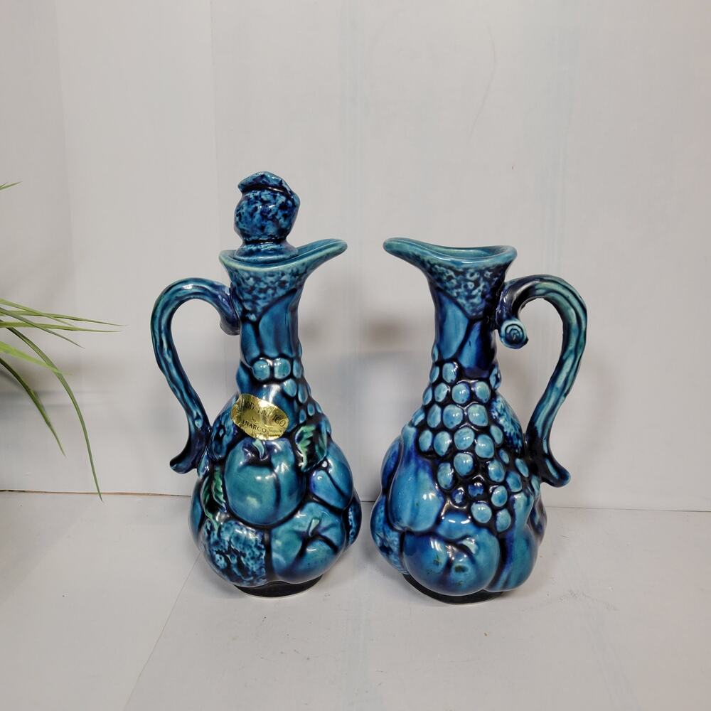 Vintage Inarco Mood Indigo Blue Fruit Cruet Set MCM Japan Oil Vinegar Pitchers